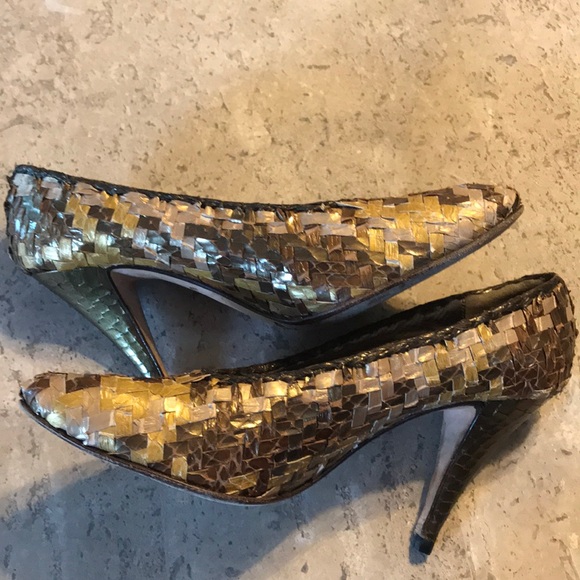 Claudio Merazzi for Mr Jay Snakeskin basket weave gold heels pumps shoes - Picture 6 of 12
